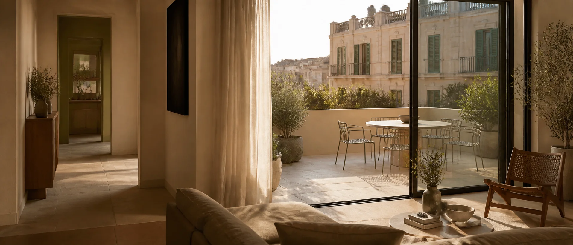 A sunlit example property interior opening onto a terrace