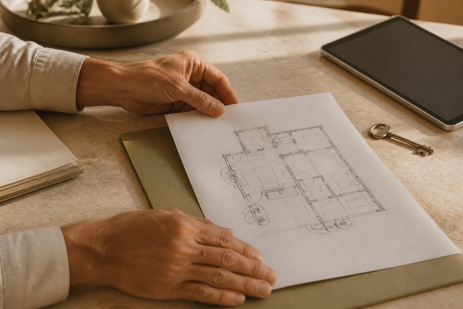 An agent reviewing a floor plan beside a key — example working session